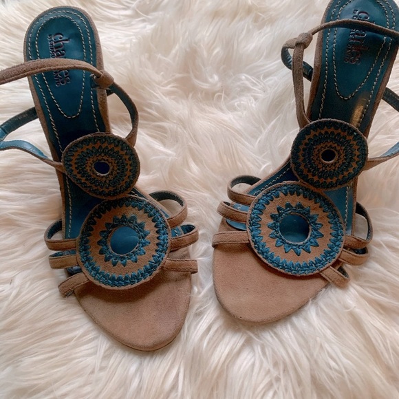 Charles David Embroidered Suede Leather Wood Kitten Heels Y2K 90s - Picture 2 of 6